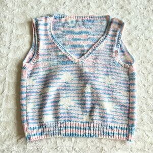 Vtg Crochet Sweater Vest Womens Large Blue Pink Cloud Patterned 90s Cottage READ
